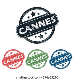 Set of four stamps with name Cannes and stars, isolated on white