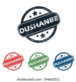 Set of four stamps with name Dushanbe and stars, isolated on white
