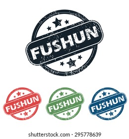 Set of four stamps with name Fushun and stars, isolated on white