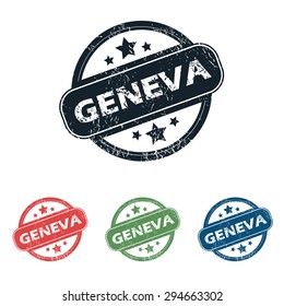 Set of four stamps with name Geneva and stars, isolated on white