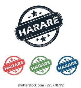 Set of four stamps with name Harare and stars, isolated on white