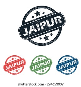 Set of four stamps with name Jaipur and stars, isolated on white