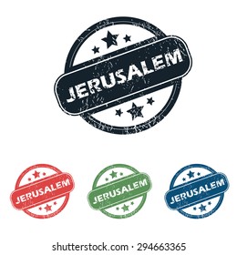 Set of four stamps with name Jerusalem and stars, isolated on white