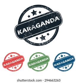 Set of four stamps with name Karaganda and stars, isolated on white