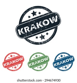 Set of four stamps with name Krakow and stars, isolated on white