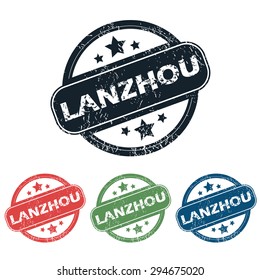 Set of four stamps with name Lanzhou and stars, isolated on white