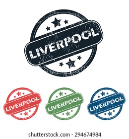 Set of four stamps with name Liverpool and stars, isolated on white