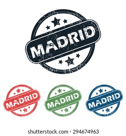 Set of four stamps with name Madrid and stars, isolated on white