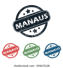 Set of four stamps with name Manaus and stars, isolated on white