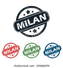 Set of four stamps with name Milan and stars, isolated on white