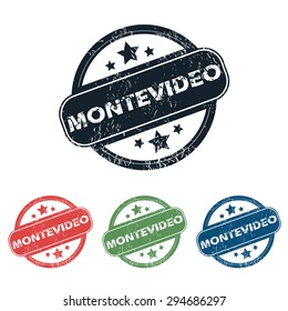 Set of four stamps with name Montevideo and stars, isolated on white