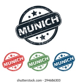 Set of four stamps with name Munich and stars, isolated on white