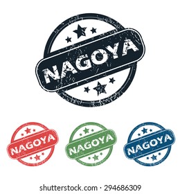 Set of four stamps with name Nagoya and stars, isolated on white