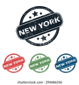 Set of four stamps with name New York and stars, isolated on white