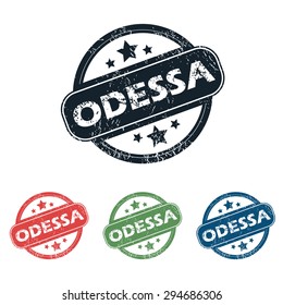 Set of four stamps with name Odessa and stars, isolated on white