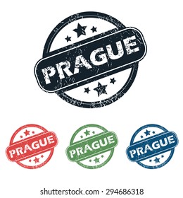 Set of four stamps with name Prague and stars, isolated on white