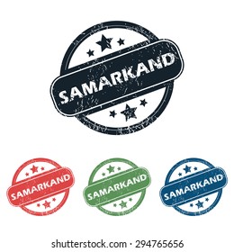 Set of four stamps with name Samarkand and stars, isolated on white