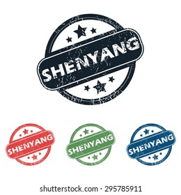 Set of four stamps with name Shenyang and stars, isolated on white
