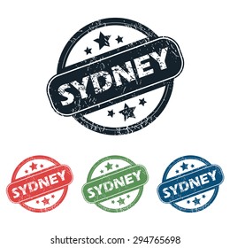 Set of four stamps with name Sydney and stars, isolated on white