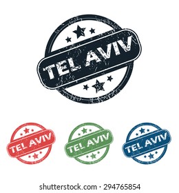 Set of four stamps with name Tel Aviv and stars, isolated on white
