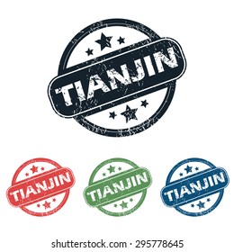Set of four stamps with name Tianjin and stars, isolated on white