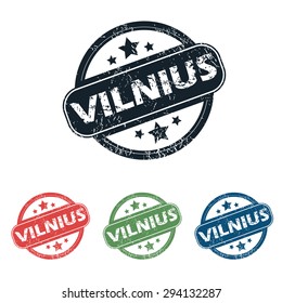 Set of four stamps with name Vilnius and stars, isolated on white