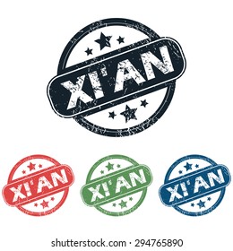 Set of four stamps with name Xi An and stars, isolated on white
