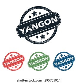 Set of four stamps with name Yangon and stars, isolated on white