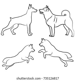 Set of four standing and jumping dogs, vector outlines