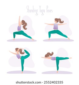 Set of four standing yoga poses, asana in hatha yoga. Happy girl in yoga pose. Simple human female character. Sport activity and fitness. Flat vector illustration