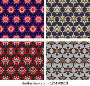 set of four star seamless patterns. overlapping polygons, shapes, stripes are grouped into abstract stars and lined up in rows. vector
