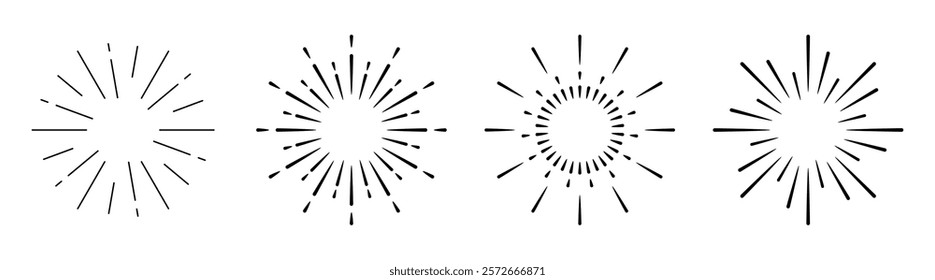 Set of four starburst designs. Starburst patterns with radiating lines. Simple starburst graphics for decoration. Starburst icons for design projects. Festive elements, vector set.