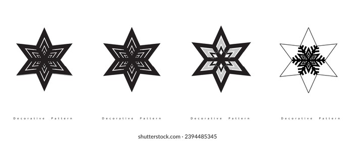 Juego de cuatro estrellas - iconos de línea geométrica e iconos rellenos para la invitación a fiesta de navidad, decoración, textura festiva conjunto de vectores aislado
