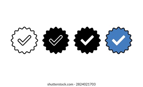 Set of four starshaped verified checkmark icons in various distinct styles