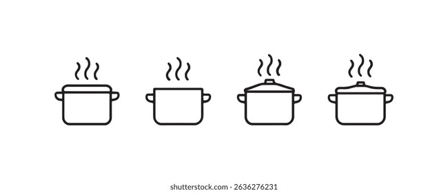 Set of four steaming cooking pots icon set in black and white.