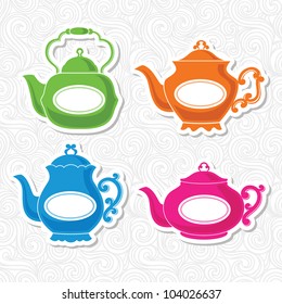 Set of four stickers with bright and colorful teapots and curls on background