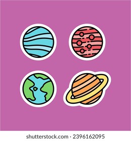 A set of four stickers with colorful planets and stars. Ideal for children's educational materials, science-themed designs, space-themed decor, and educational resources.