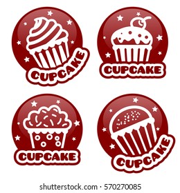 Set of four stickers cupcake. Vector color illustration isolated on a white background.