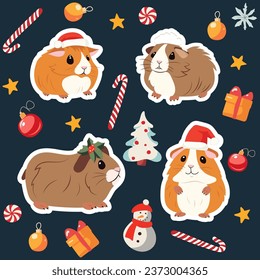 A set of four stickers of cute guinea pigs with Santa Claus hats or New Year's mistletoe on their heads with candies, balls, a Christmas tree, a snowman, a gift, a snowflake and stars