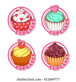 Set aus vier Aufklebern mit verschiedenen Cupcakes. Vorlage für Vektorgrafik-Logo einzeln auf weißem Hintergrund.