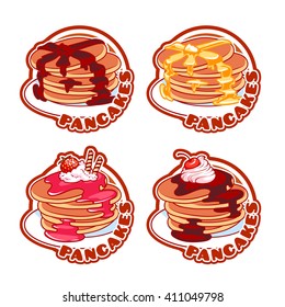 Set of four stickers with different pancakes. Vector logo template isolated on a white background.