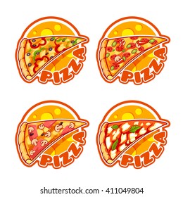 Set of four stickers with different pizza. Vector logo template isolated on a white background.