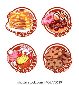 Set of four stickers with different sweets. Vector logo template isolated on a white background.