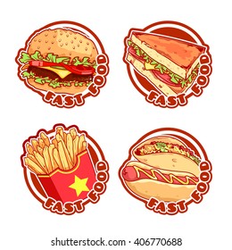 Set of four stickers with fast food. Vector logo template isolated on a white background.