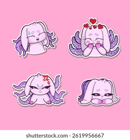 A set of four stickers featuring a pink bunny with octopus tentacles growing from its back, each displaying a different emotion: embarrassed, angry, sad, and affectionate.