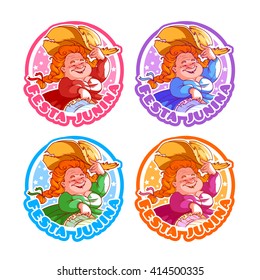 Set of four stickers with funny dancing woman. Logo template for June festival in Brazil. Vector cartoon illustration isolated on a white background.