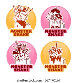 Set of four stickers giant milk shakes. Vector color illustration isolated on a white background.