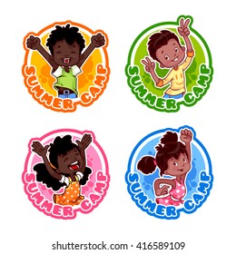 Set Of Four Stickers With Happy African American Kids. Logo Template For Kids Summer Camp. Vector Illustration Isolated On A White Background.