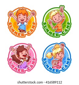 Set Of Four Stickers With Happy Kids. Logo Template For Kids Summer Camp. Vector Illustration Isolated On A White Background.