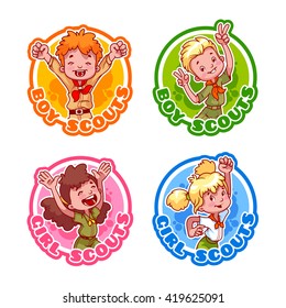 Set of four stickers with happy kids. Logo template for boy scouts and girl scouts. Vector cartoon illustration isolated on a white background.